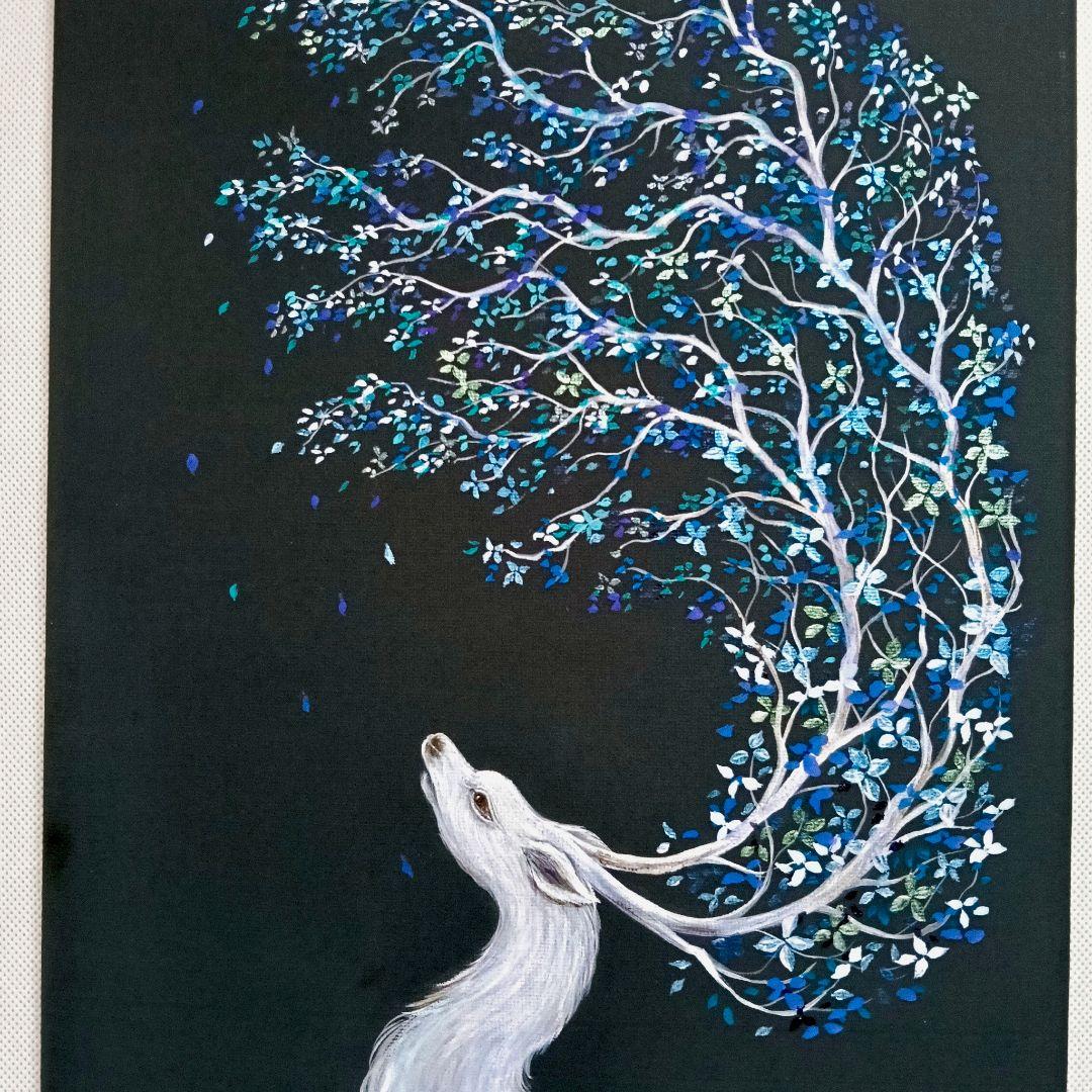 No.522 F4キャンバス アクリル画 原画 鹿神 神獣