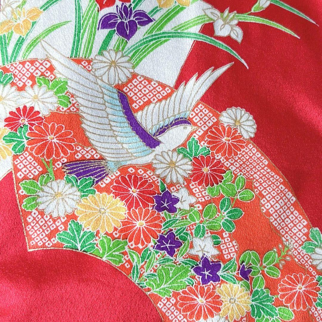 セット七五三7歳女の子長着＆簡単半衿＆袋帯＆草履＆バッグ＆小物朱色ちりめん扇菊鳥