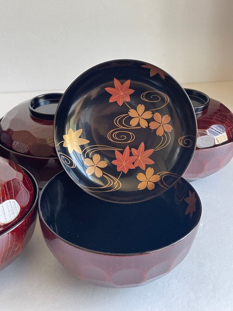 木製漆器 内田久治 亀甲春秋蒔絵 煮物椀五客 吸物椀　蓋付き椀　お椀　雑煮椀
