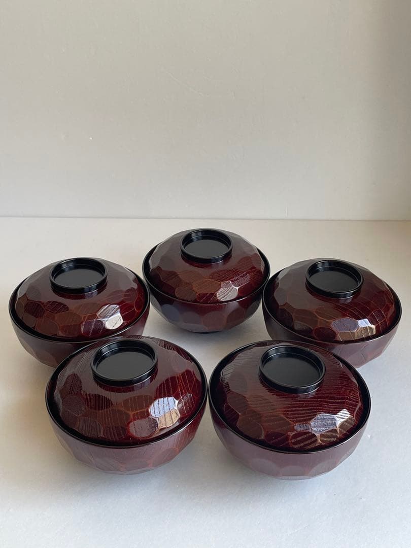木製漆器 内田久治 亀甲春秋蒔絵 煮物椀五客 吸物椀　蓋付き椀　お椀　雑煮椀
