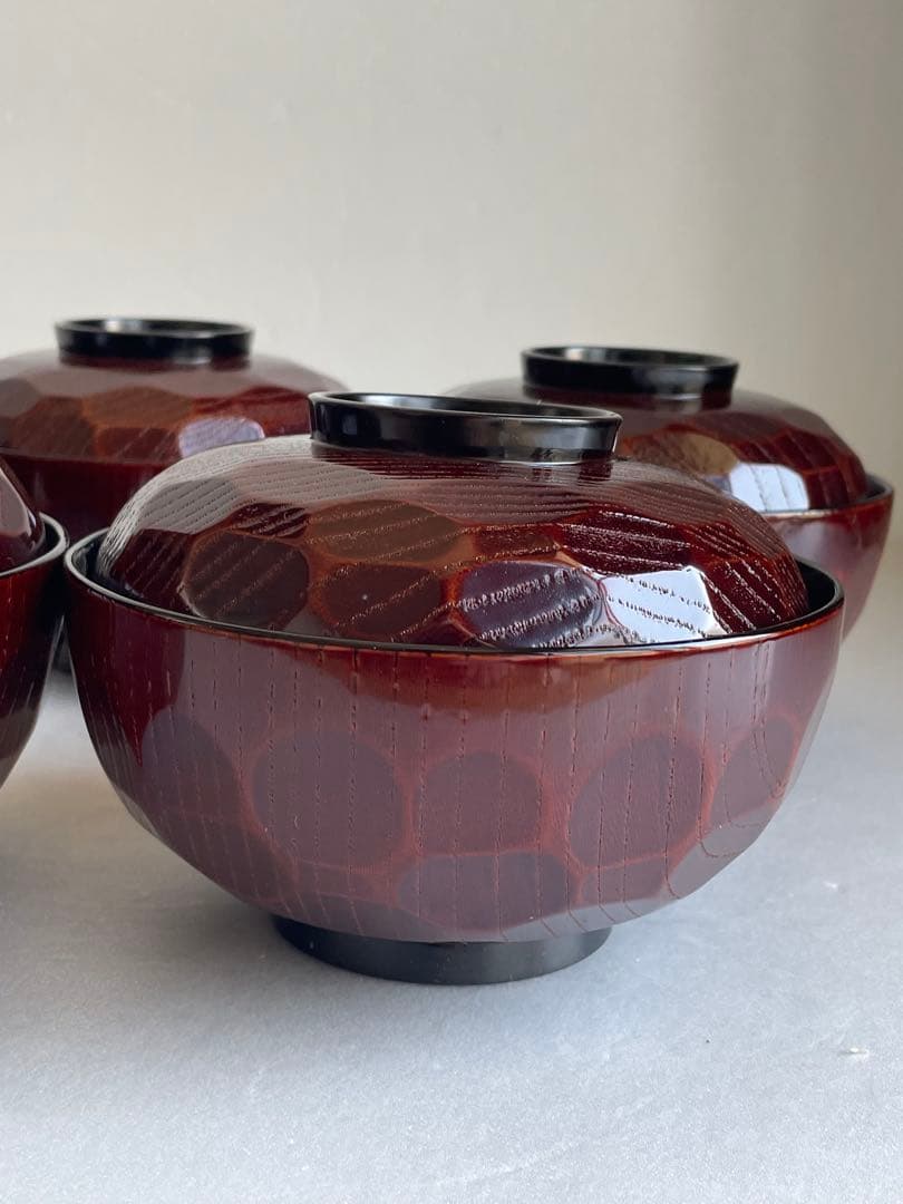 木製漆器 内田久治 亀甲春秋蒔絵 煮物椀五客 吸物椀　蓋付き椀　お椀　雑煮椀