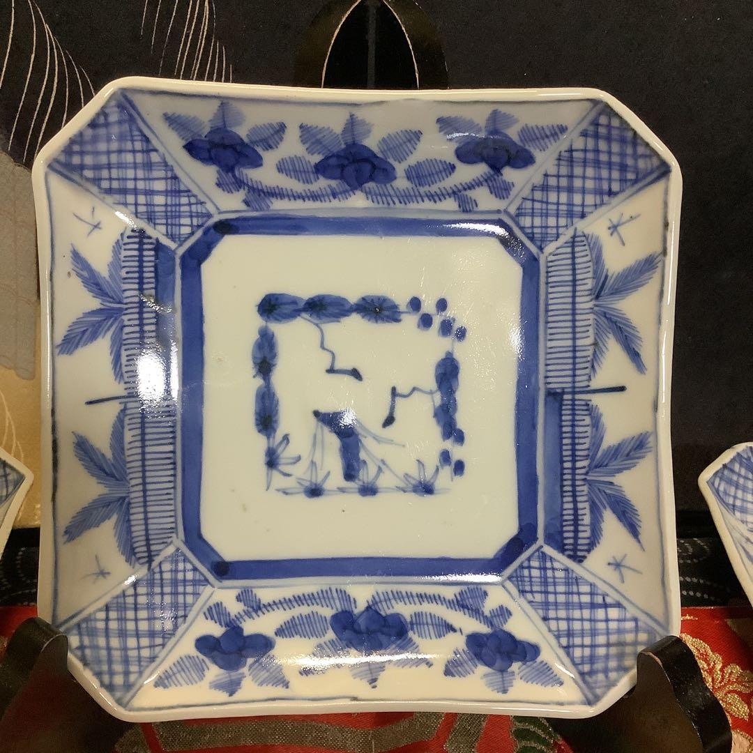 古伊万里　染付　線描　松竹梅　角皿　江戸　銘有　5客　大聖寺・李朝・輪島塗好き