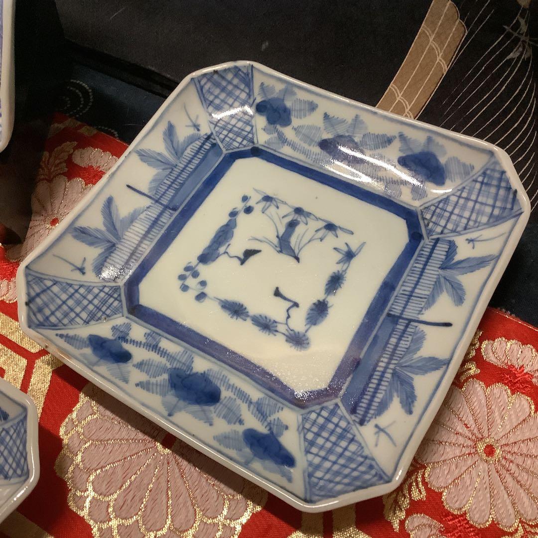 古伊万里　染付　線描　松竹梅　角皿　江戸　銘有　5客　大聖寺・李朝・輪島塗好き