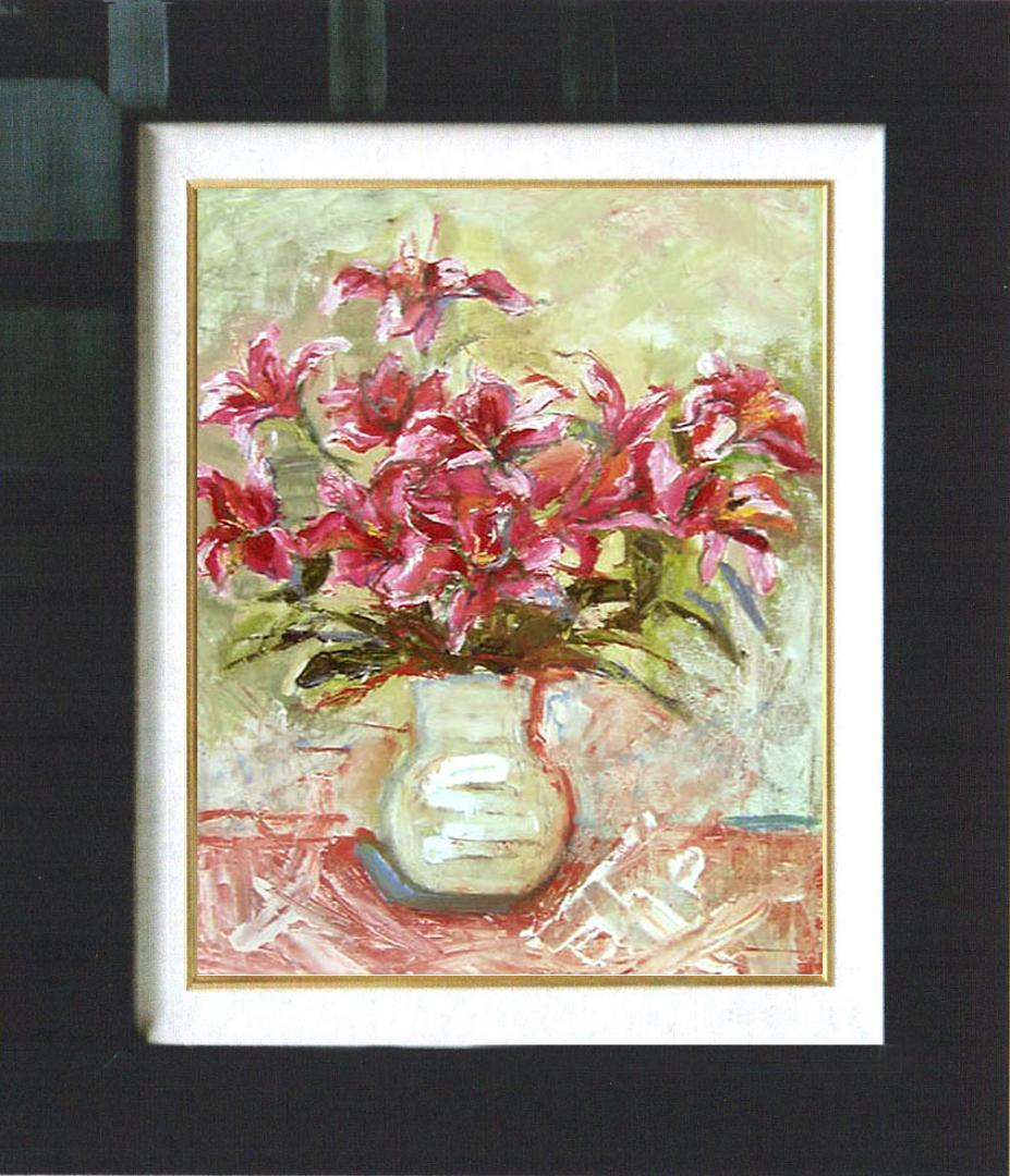 油絵 菅家令子 絵 絵画 インテリア 額付(白) uF6-070902 花 ゆり