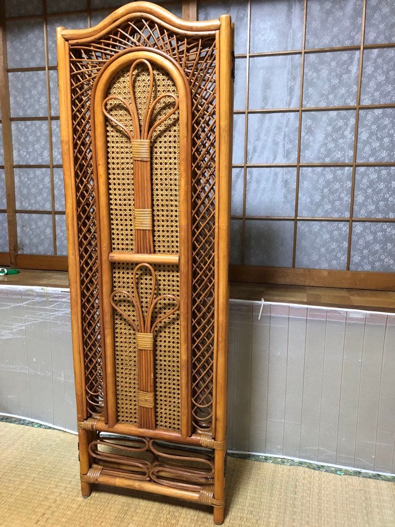 ❣️衝立　パーテーション　屏風ラタン　間仕切り目隠しレトロ　木製３連　キッチン玄関