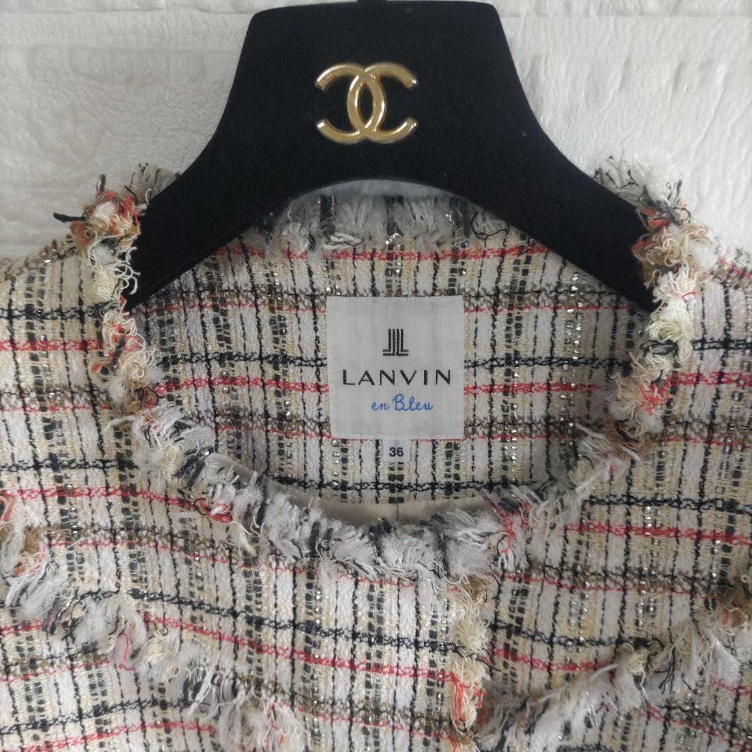 専用✨美品✨ランバンオンブルー　ノーカラー　オープンスリーブ　ツィードジャケット