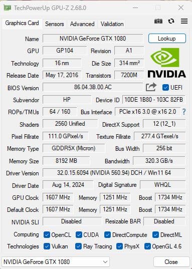 【動作確認済み】HP NVIDIA GeForce GTX 1080