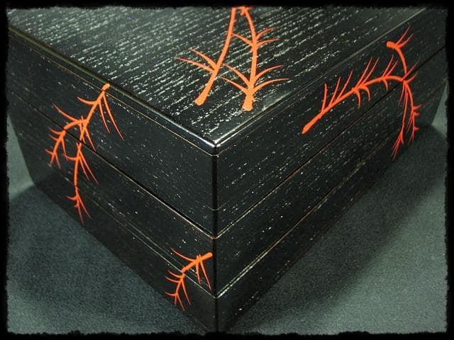 鵬雲斎好 田楽 菓子器 加州 賀峰 朱柳 掻合塗 三段重 裏千家茶道具 f301