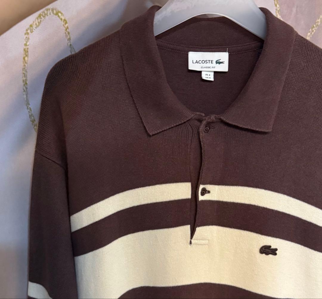 ラコステ クラシック ボーダー ウォッシュド ニットポロシャツ ブラウン