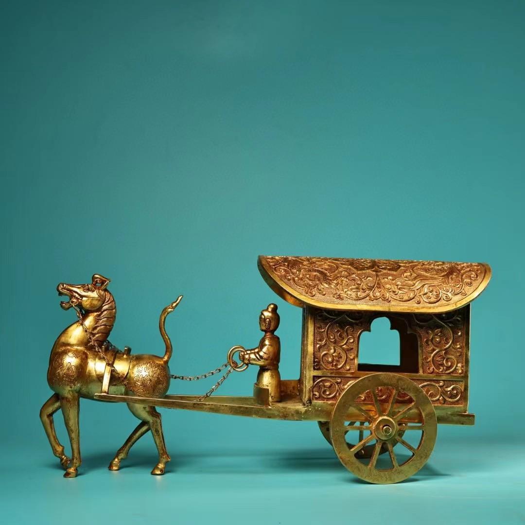 中国古美術・旧蔵鏨刻鎏金の馬車・純銅製・高浮彫り・置物・文房具・風水開運・純手作