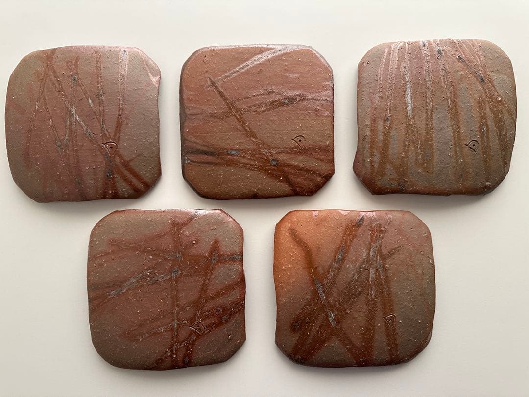 堀江英城 備前 四方皿 5枚 牡丹餅 緋襷 共箱