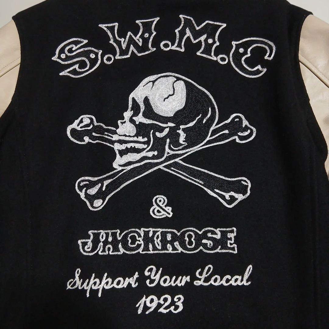 ブランドコラボウール混本革牛袖スタジャン黒ベージュボーンスカルサガラ刺繍新品同様