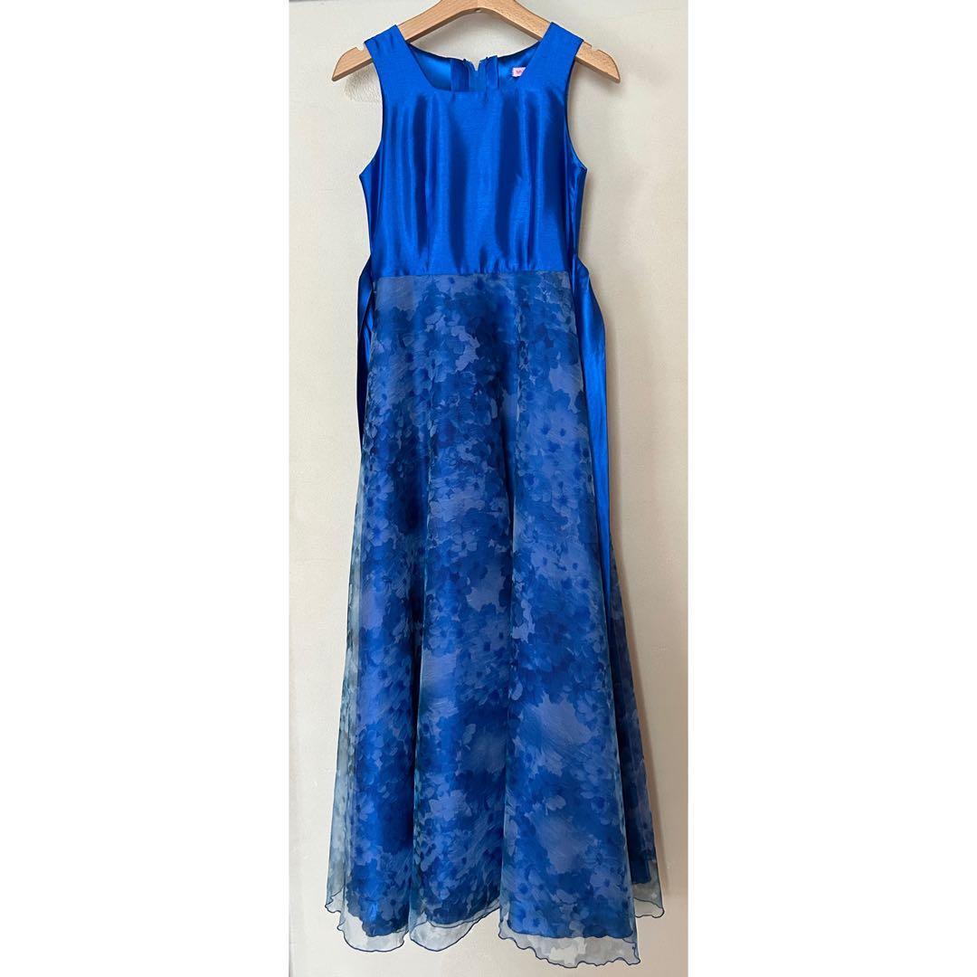 ゆめりすと 子供用ドレス ブルー 花模様 演奏会 発表会 シンプル