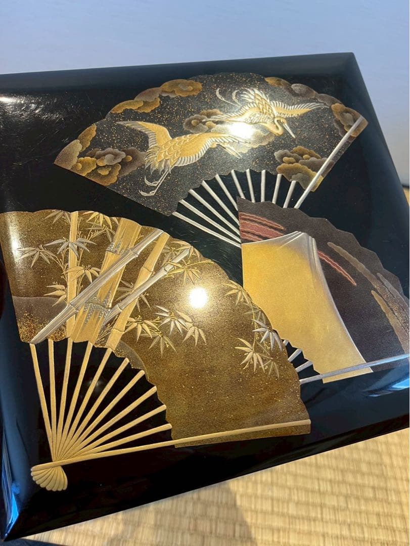 時代漆器 扇面金銀高蒔絵 三段重箱 / 加賀蒔絵 木製漆器 茶懐石道具