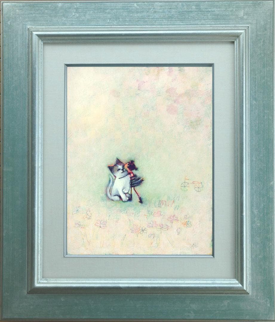 油絵菅家令子絵 絵画インテリア額付(青緑＋金色の枠)F3-051621子猫女の子