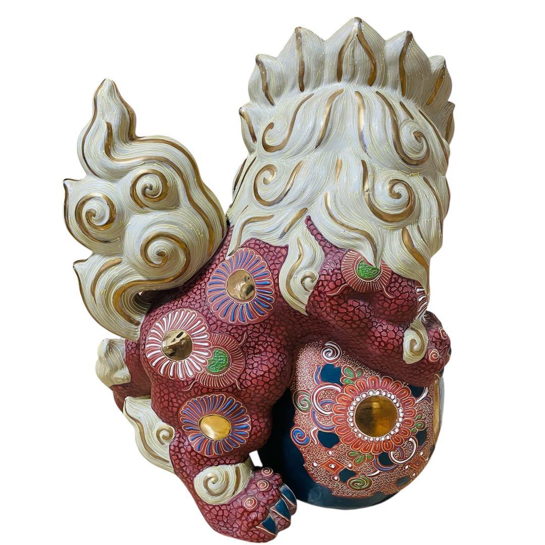 【特大】九谷焼 玉乗り 獅子 赤 金 オブジェ 縁起 厄払い 置物