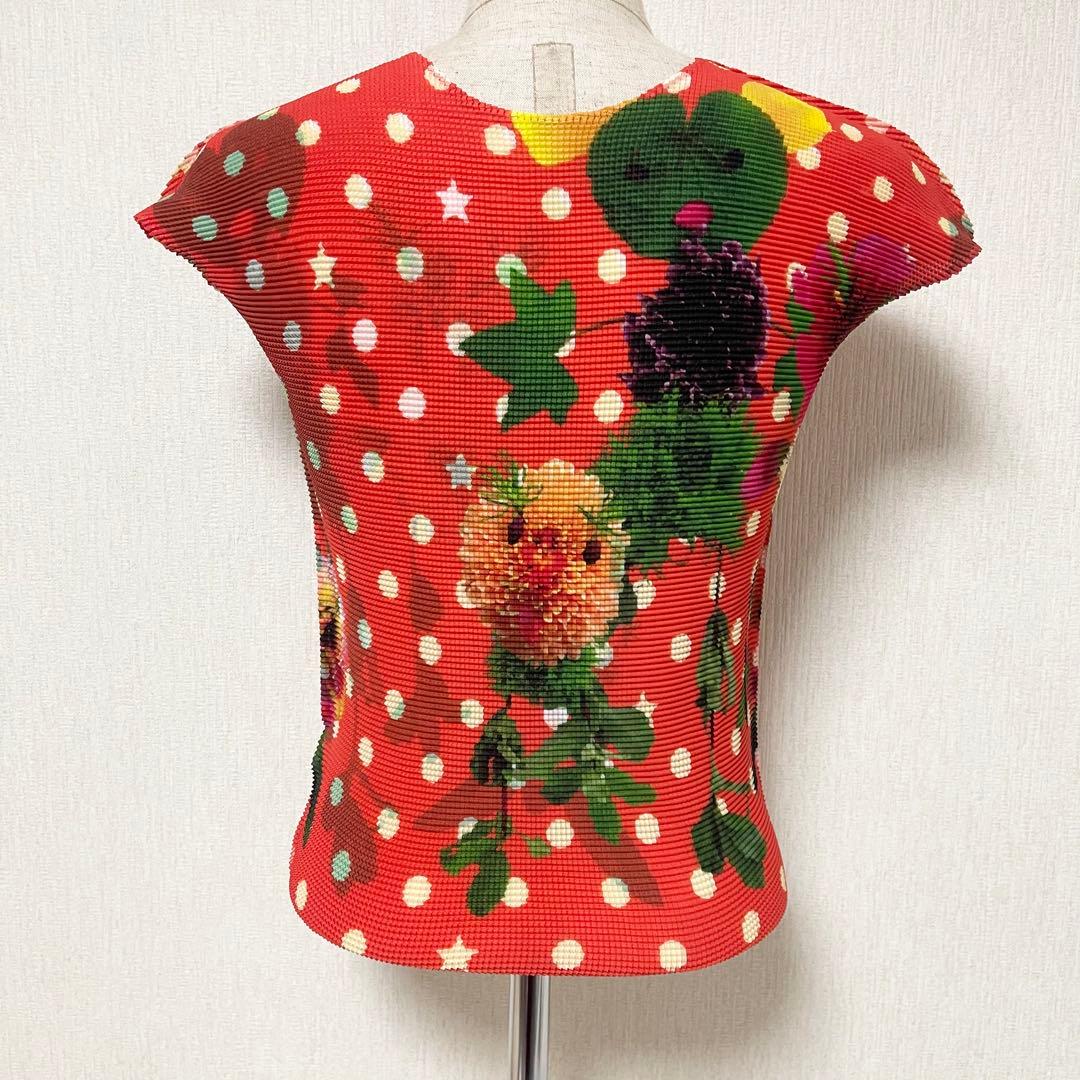 イッセイミヤケ ボックスプリーツ ドット柄 花柄 ブラウス カットソー オレンジ