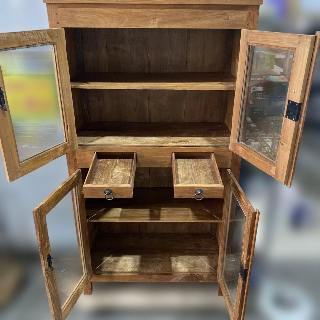 【@002】木製キャビネット ガラス扉 引き出し付き