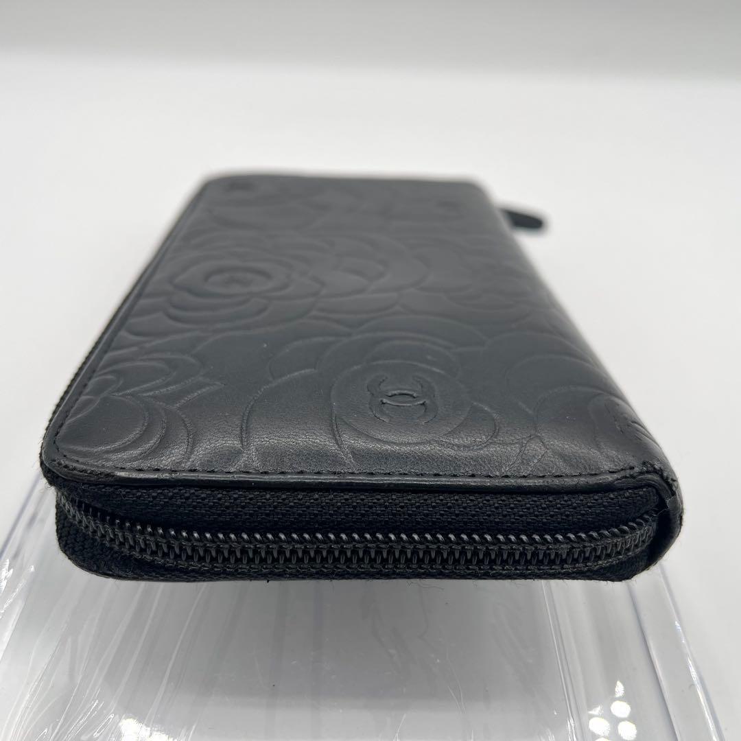 美品◎CHANEL カメリア 長財布 ラウンドファスナー レザー ブラック