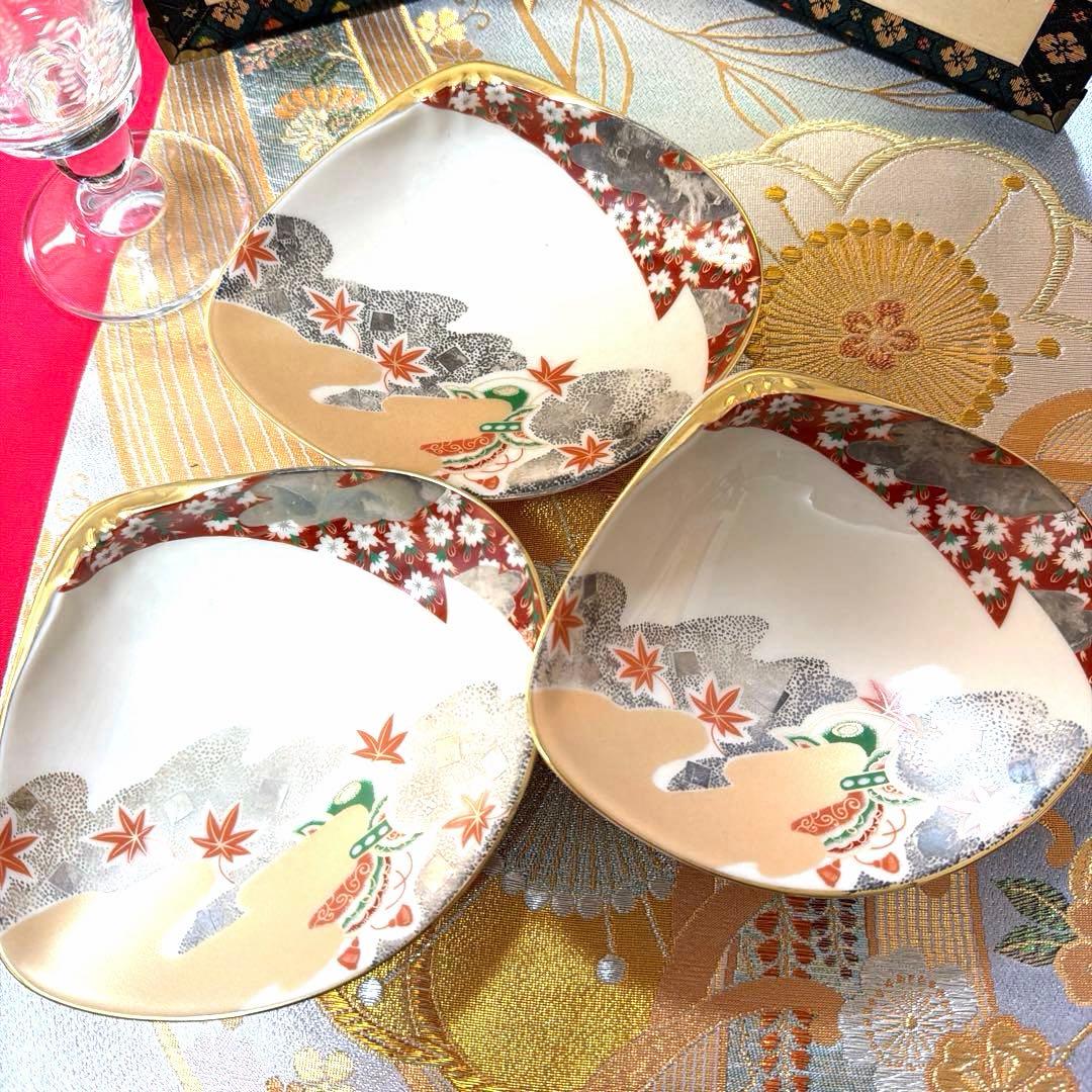 たち吉赤絵　角長皿　貝型金彩　清秀　萬珠 全18客 No.5-12