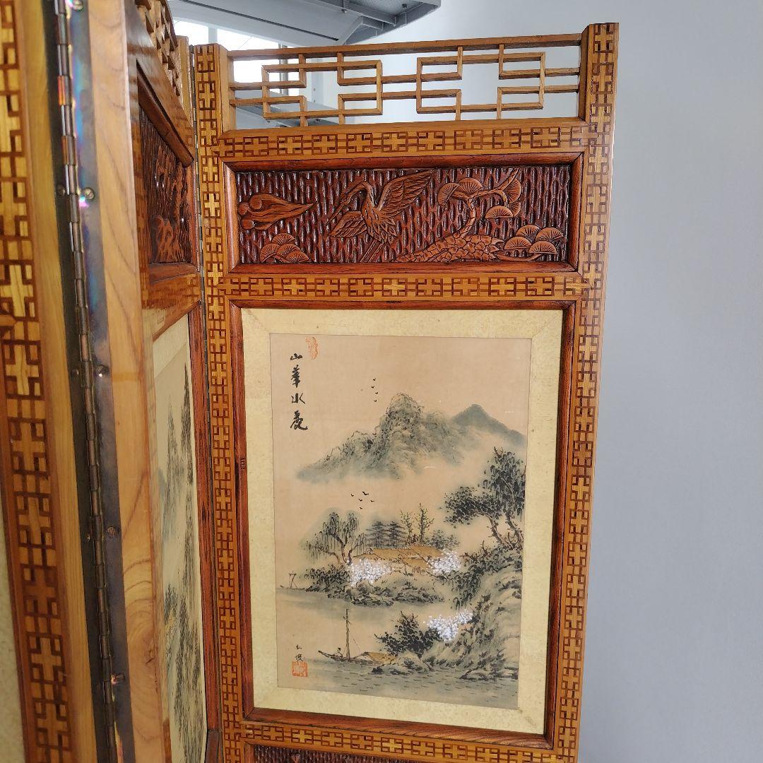 昭和レトロ当時物 美術骨董品 欅 木製衝立4面 水墨画 和モダン