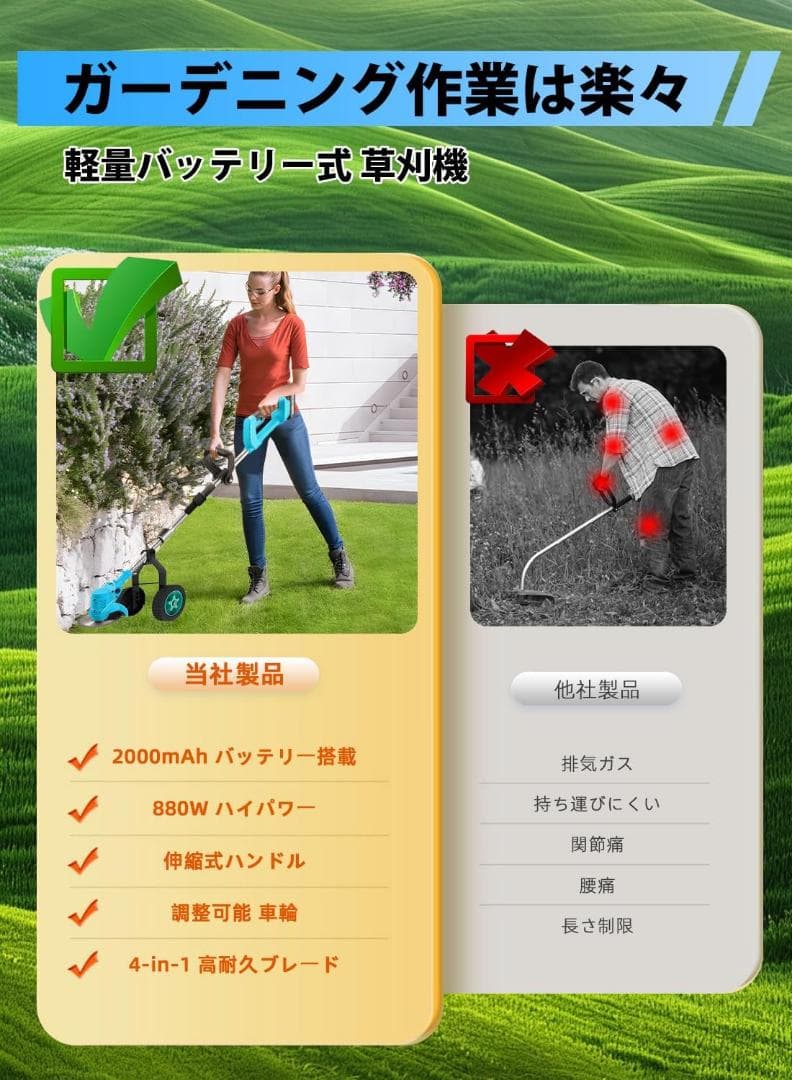 折りたたみ　充電式草刈り機 草刈り機 芝刈り機 コードレス 21V 2個付き