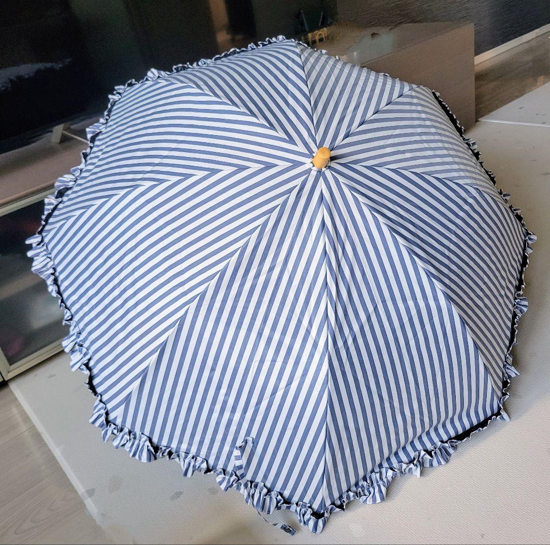 サンバリア100 折りたたみ 日傘 ネイビー/フリル/ストライプ