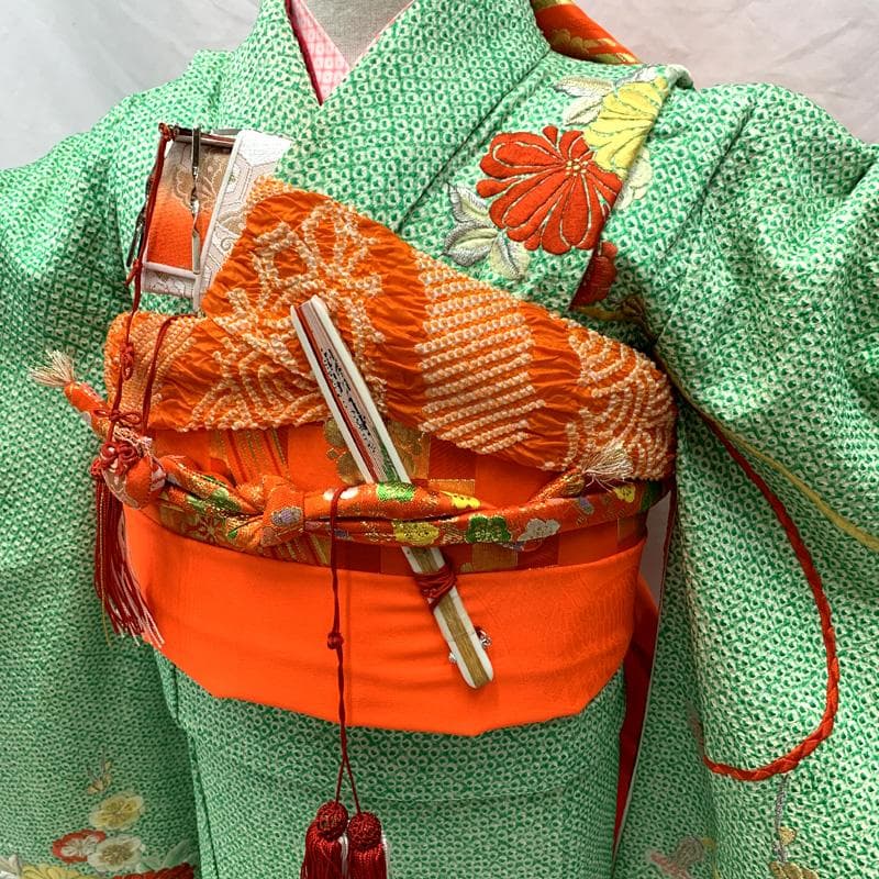506ag4□七五三 七歳 女児 着物&袋帯&長襦袢 総絞り 総刺繍 花□良好