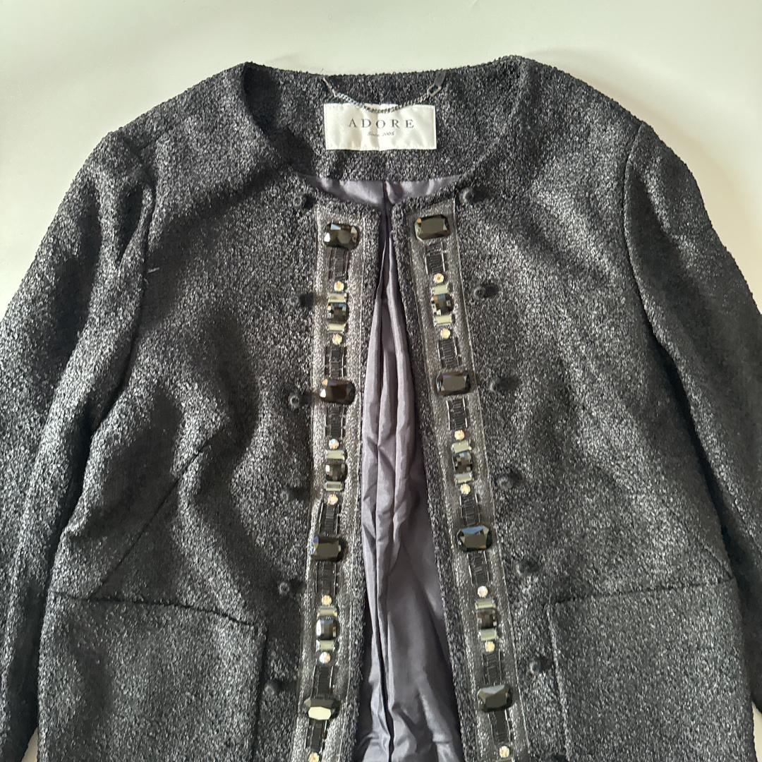 ADORE アドーア ノーカラージャケット ビジュー ツイード 黒　フォーマル