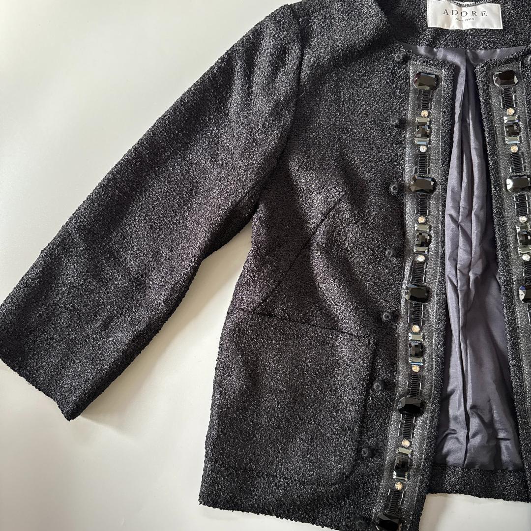 ADORE アドーア ノーカラージャケット ビジュー ツイード 黒　フォーマル