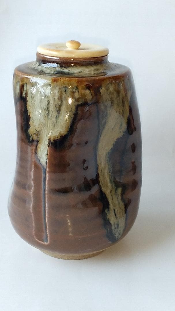 膳所焼 淡海ぜぜ 陽炎園 茶入 仕覆 名物裂 藤種緞子 茶道具 共箱 美品 です