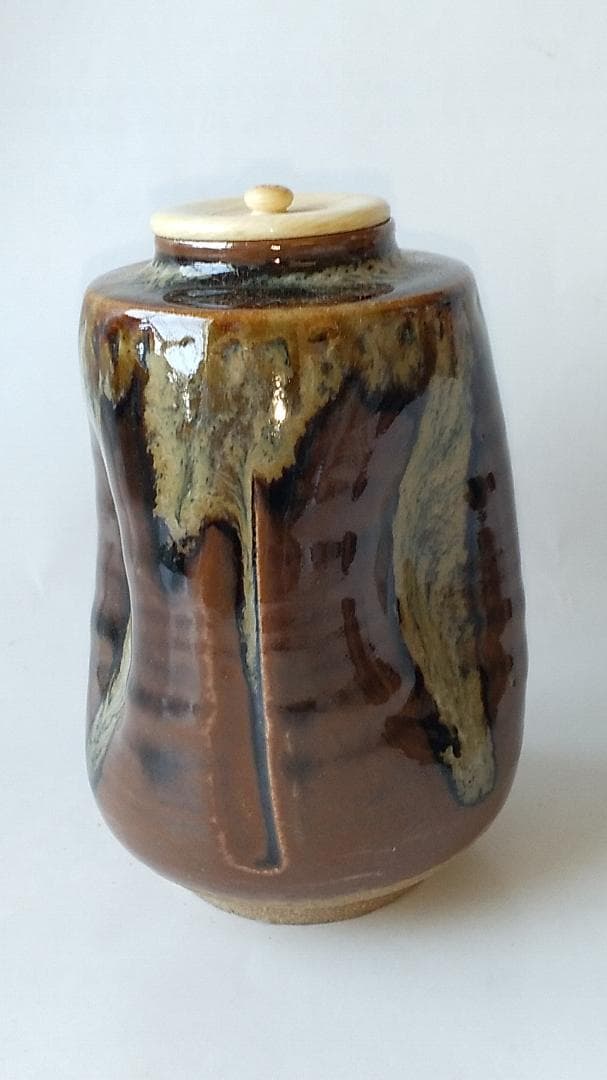 膳所焼 淡海ぜぜ 陽炎園 茶入 仕覆 名物裂 藤種緞子 茶道具 共箱 美品 です