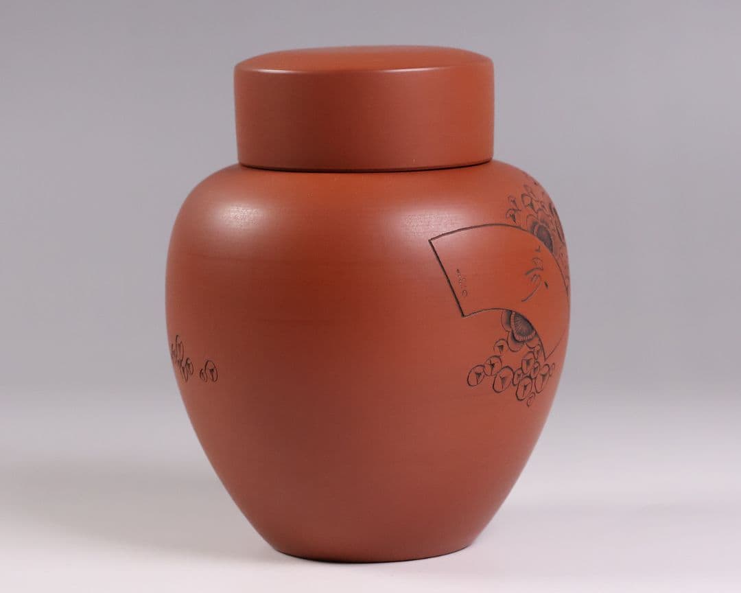 煎茶道具 陶元 常滑焼 朱泥 茶壺 梅彫紋 扇面寿 茶壷 茶入 陶芸 MB21
