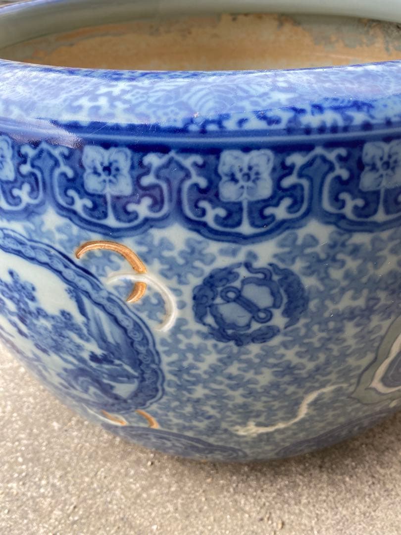 特大　火鉢　陶器鉢　睡蓮鉢　染付　有田焼　在銘　花　金魚鉢　骨董　アンティーク