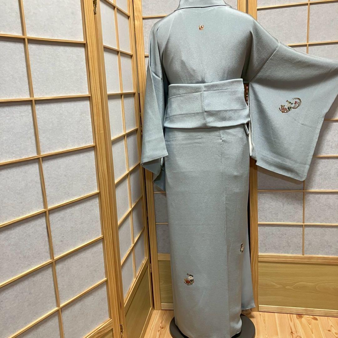 ［7179］訪問着 相良刺繍 花丸文様 縮緬 一つ紋 違い鷹の羽 正絹 着物 袷