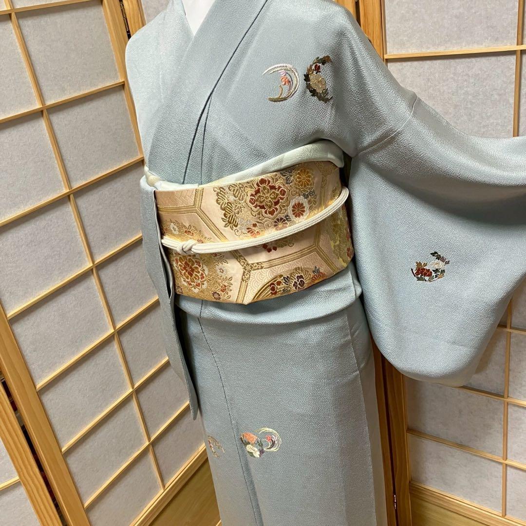 ［7179］訪問着 相良刺繍 花丸文様 縮緬 一つ紋 違い鷹の羽 正絹 着物 袷