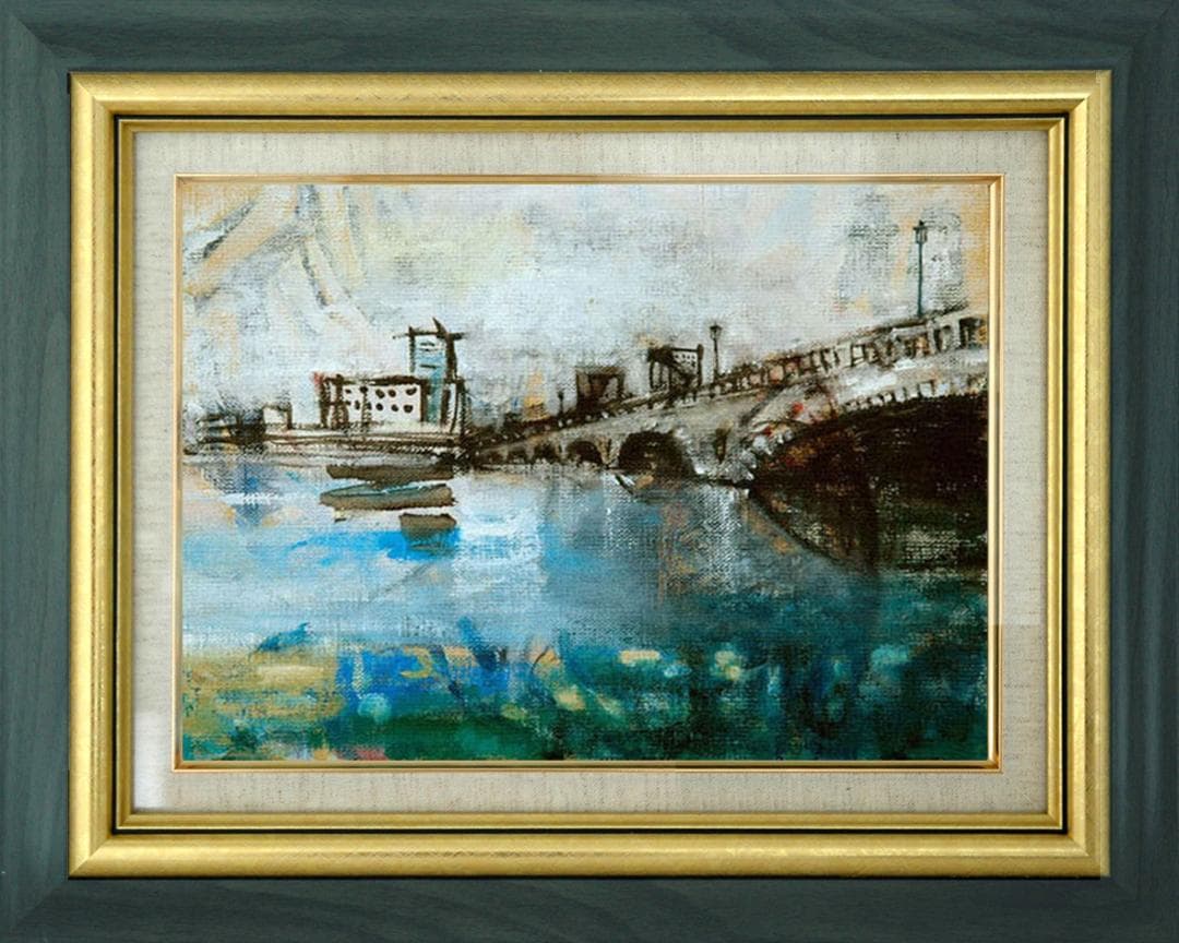 油絵 菅家令子 絵 絵画インテリア額付(銀) F4-090914 風景万代橋新潟