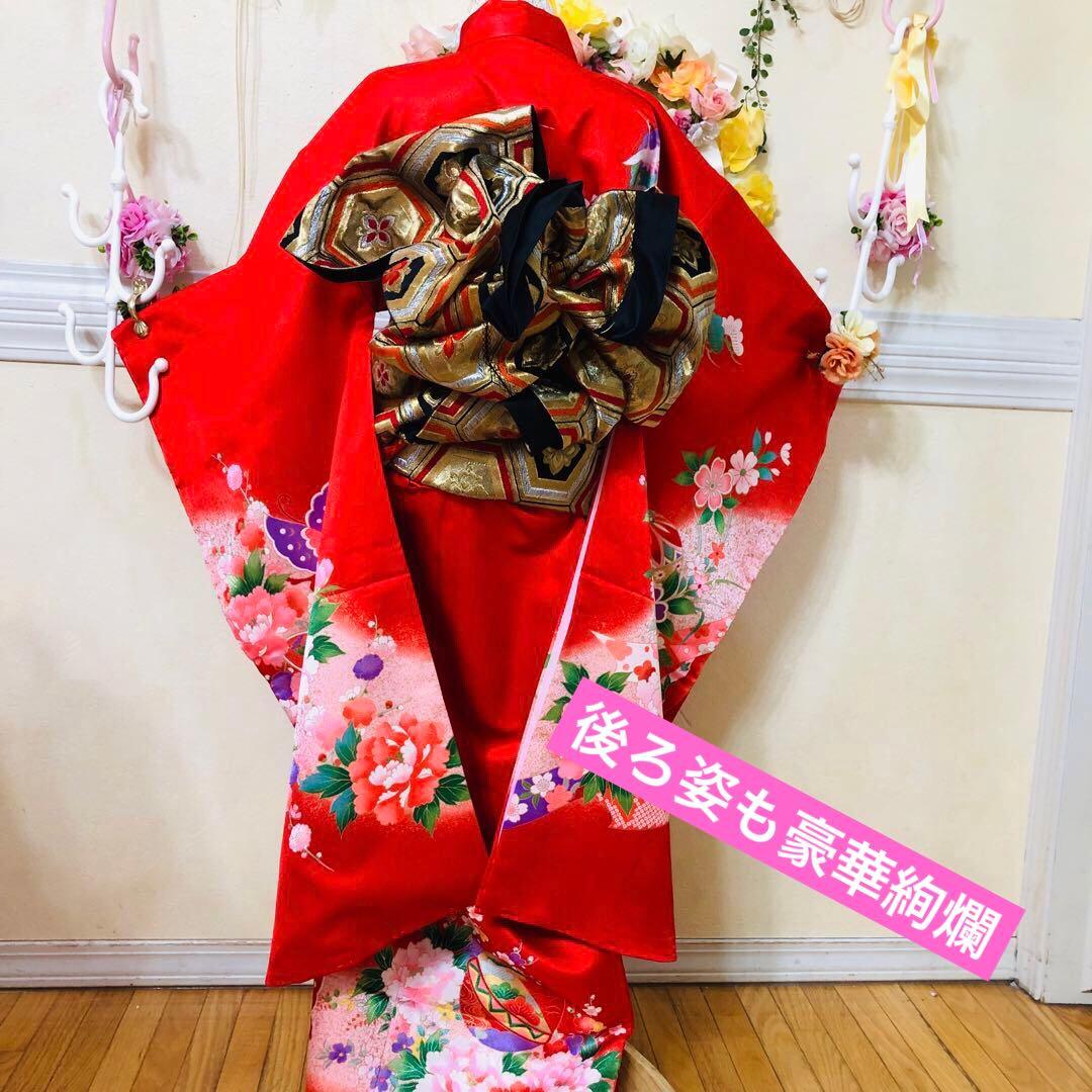 七五三七歳未使用着物‼️人気赤地暈し⭐︎手毬花々煌びやか際立つ⭐︎安心フルセット