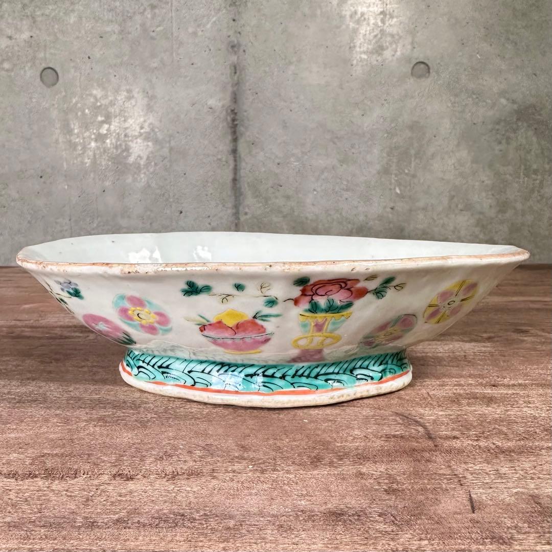 希少　粉彩　五彩花丸文　高台皿　変形鉢　清朝期　中国古玩　中国美術　骨董品