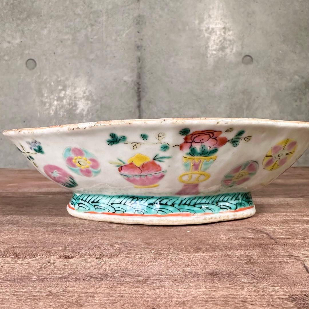 希少　粉彩　五彩花丸文　高台皿　変形鉢　清朝期　中国古玩　中国美術　骨董品