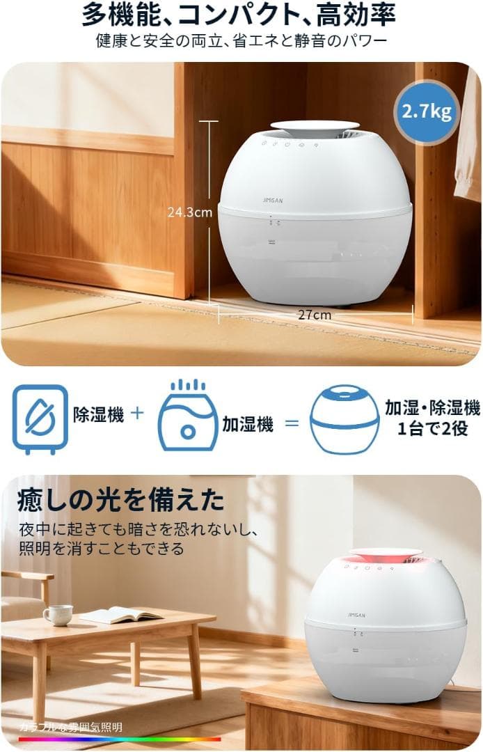 除湿加湿一体型 パワフル除湿強力 花粉対策 マイナスイオン機能付 タイマー付