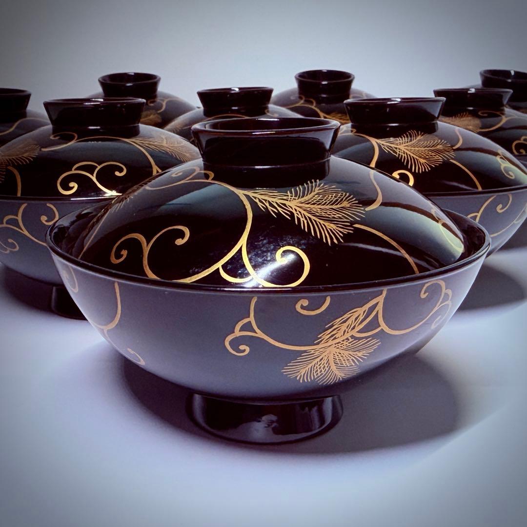 漆器　輪島塗　沈金　金蒔絵　羽　亀　鳳凰　木製　蓋付椀　お煮物椀　吸物椀　10客
