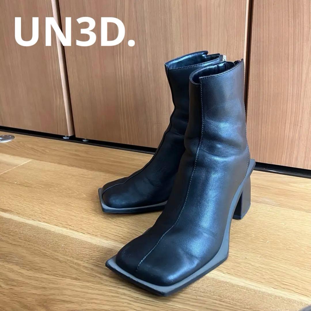 UN3Dアンスリード　ワイドスクエアショートブーツ　22.5~23.5　ブラック
