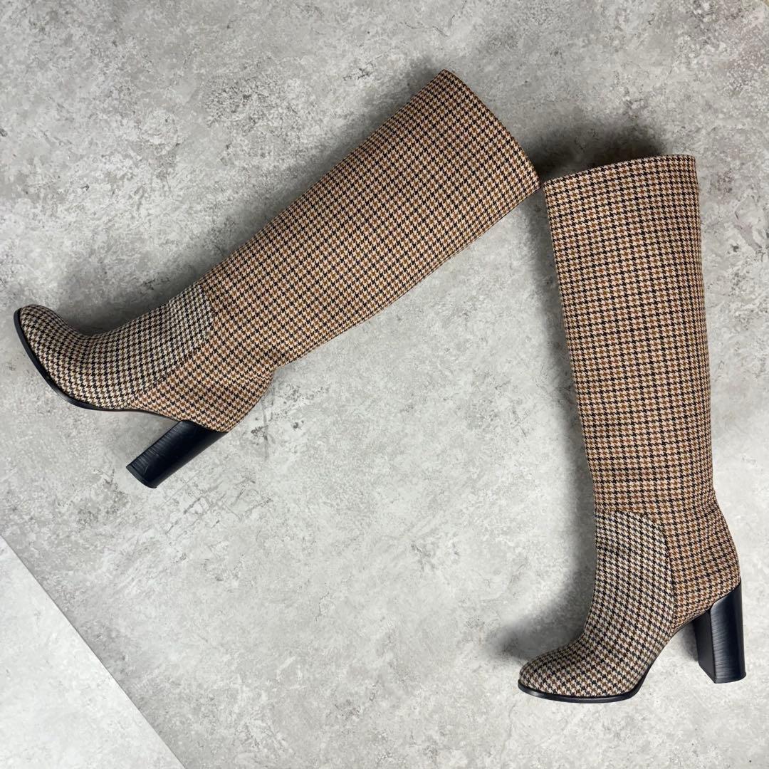 セリーヌ　CELINE ロングブーツ　36 チェック　ウール　ブラウン