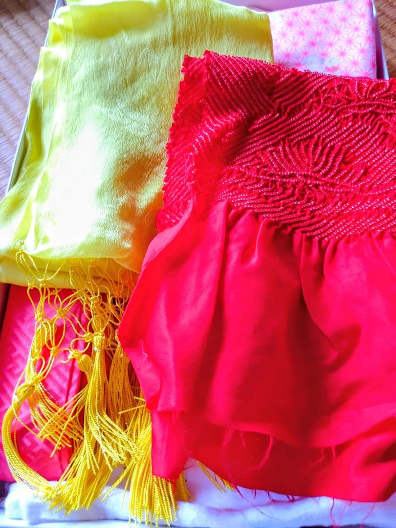 七五三オレンジの華やかな花柄着物 帯・帯締め・バック・草履・その他フルセット