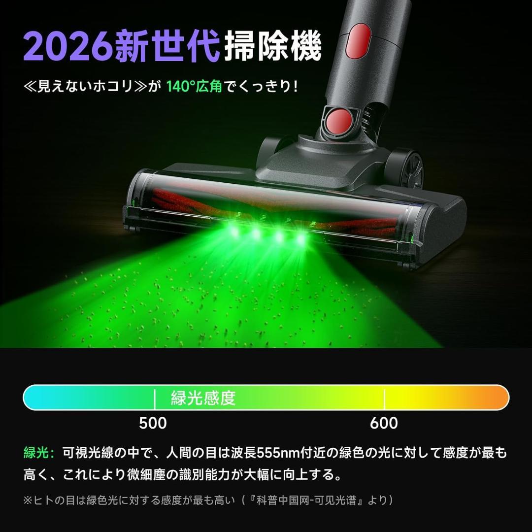 最新✨掃除機 コードレス 75kPa強力吸引 軽量 グリーンLED搭載 低騒音