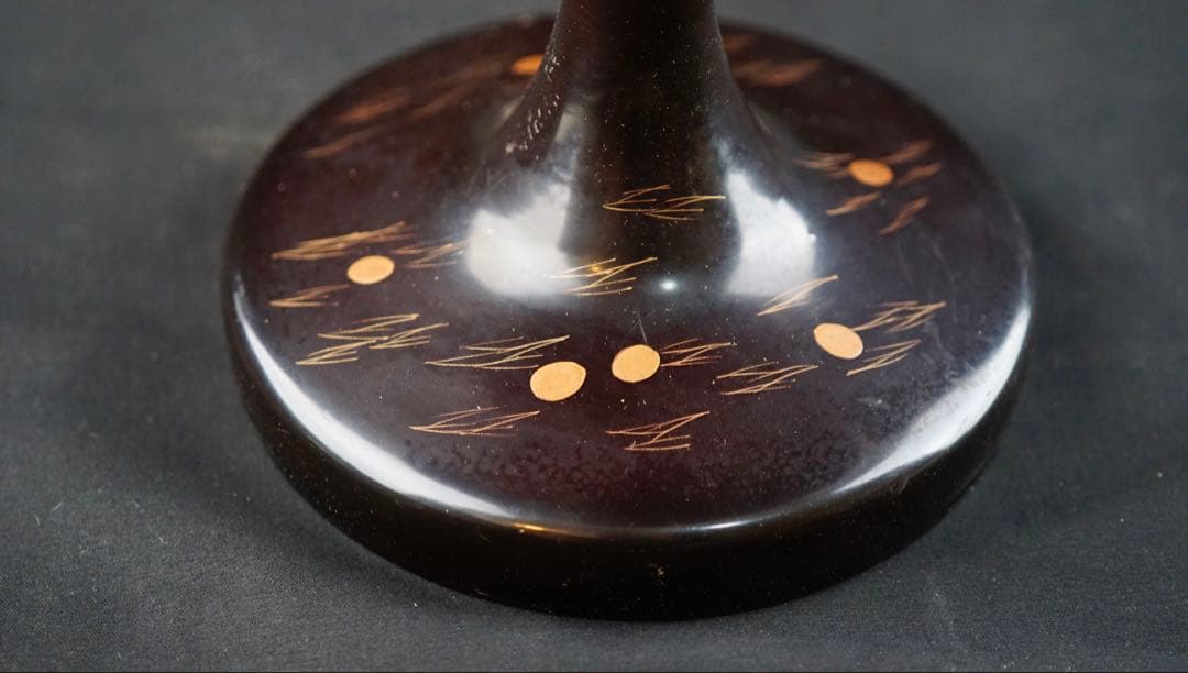 蒔絵　鶴 松紋　丸形黒塗菓子器　共箱　高杯