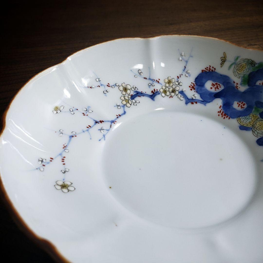 八花弁皿　染付　色絵付　取り皿　なます皿　岩　梅　菊　銘　明治　ハ号