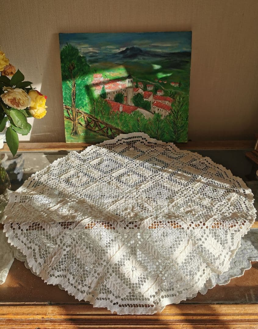 アンティーク イタリア ニードルワーク 花葉盛上刺繍フィレレース ラージクロス