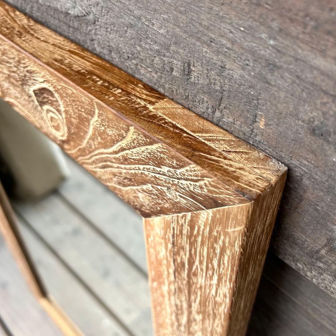 オールドチーク材の壁掛け鏡 70cm × 50cm 木製フレーム 無垢材